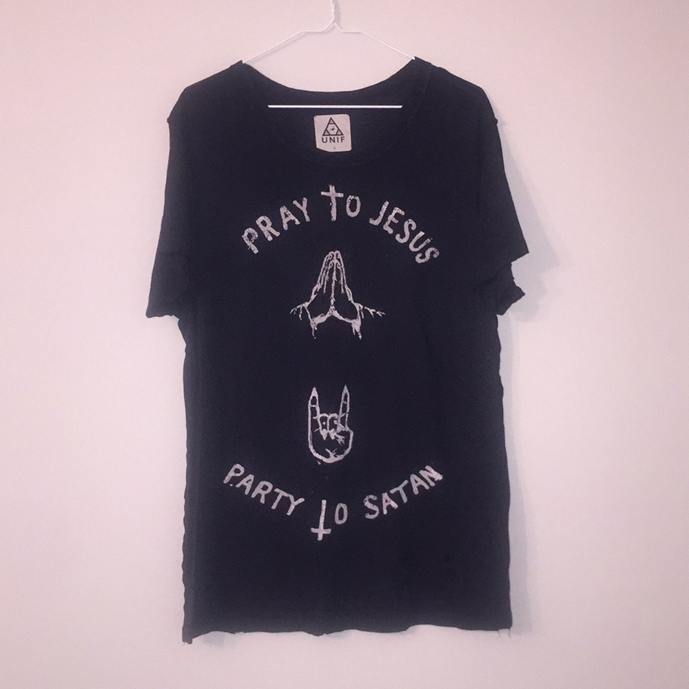 Unif Rare pray to Jesus party to Satan tee Large